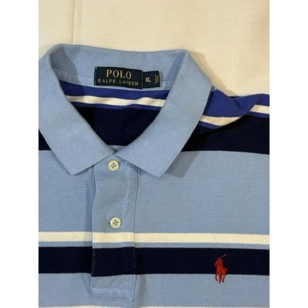 Ralph Lauren Shirt Mens 2XLARGE Blue Striped Short Sleeve Polo T Shirt Size XL‎